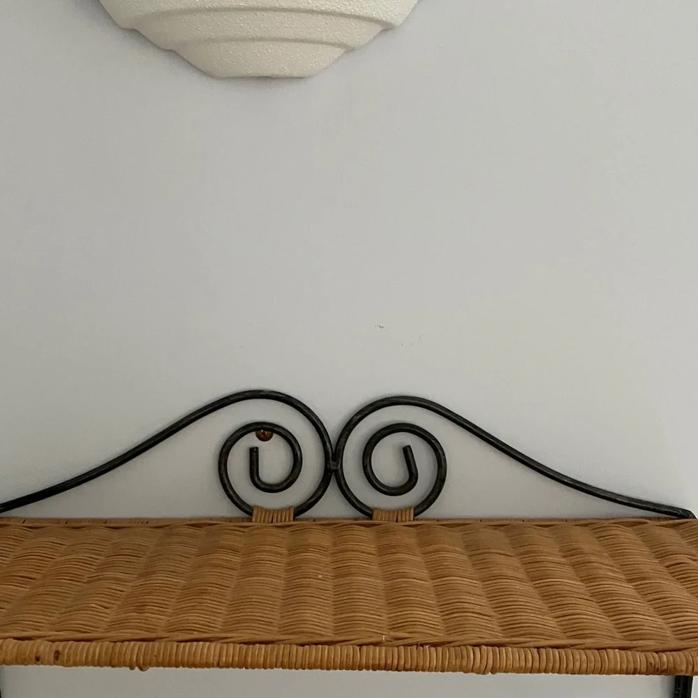 Wrought Iron and Wicker Wall Shelf With Hanging Bar, Ready To Hang